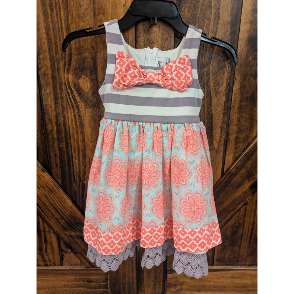 Counting Daisies Girls Sz 4t gray & coral stripes bow floral lace trim dress GUC